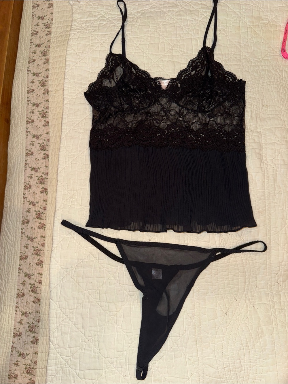 Victoria's Secret Black Lace Pleated Cami & Sheer Thong Set